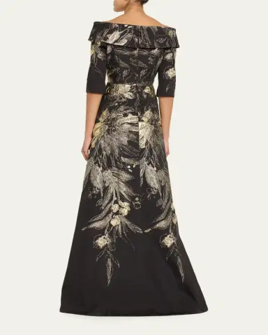 Rickie Freeman for Teri Jon Metallic Jacquard Fold Off-the-Shoulder Gown | Thumbnail 3