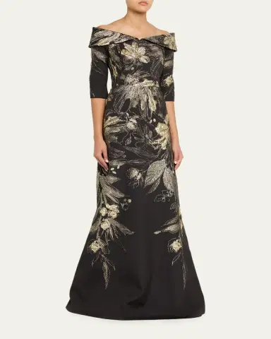 Rickie Freeman for Teri Jon Metallic Jacquard Fold Off-the-Shoulder Gown | Thumbnail 4