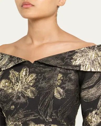 Rickie Freeman for Teri Jon Metallic Jacquard Fold Off-the-Shoulder Gown | Thumbnail 5