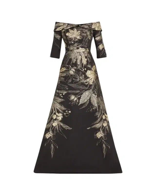 Metallic Jacquard Fold Off-the-Shoulder Gown