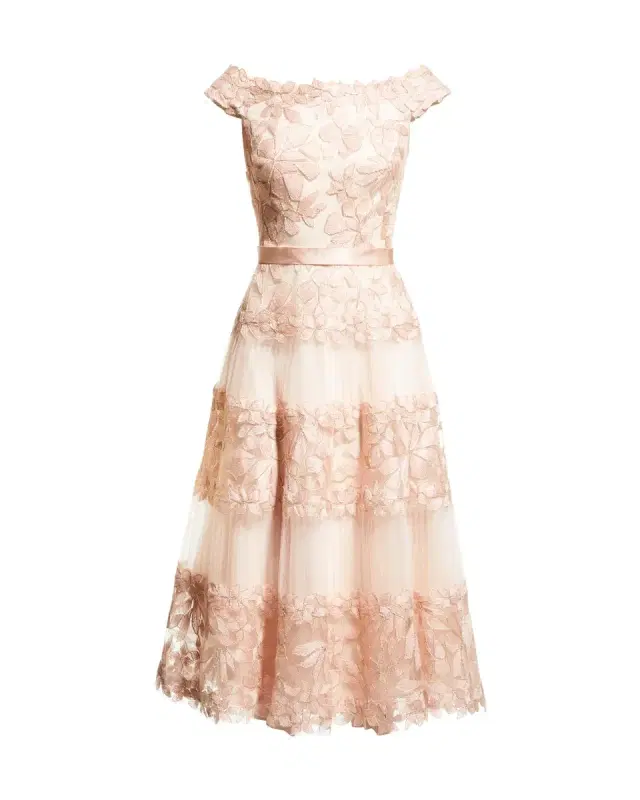 Tadashi Shoji Off-the-Shoulder Cap-Sleeve Lace Midi Dress