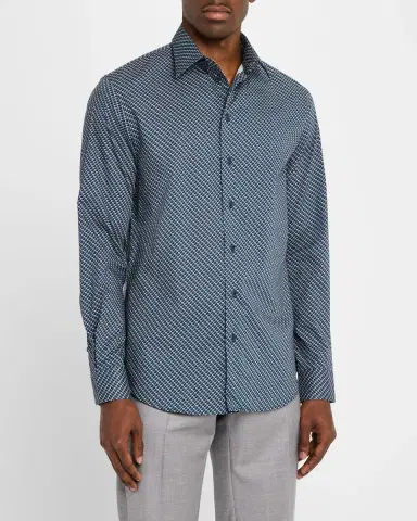 Emporio Armani Men's Stretch Poplin Geometric Sport Shirt | Thumbnail 3