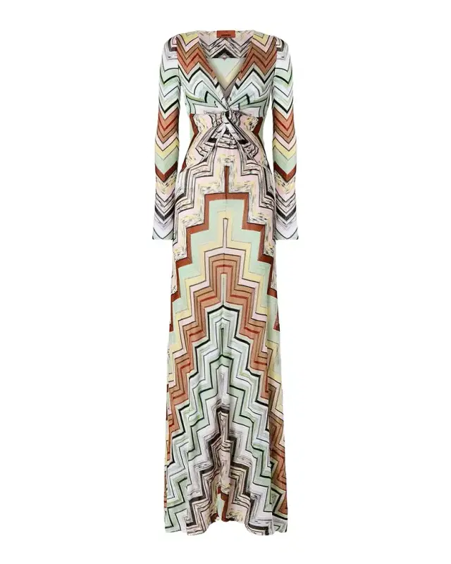 Chevron Crochet Knit Long-Sleeve Maxi Dress