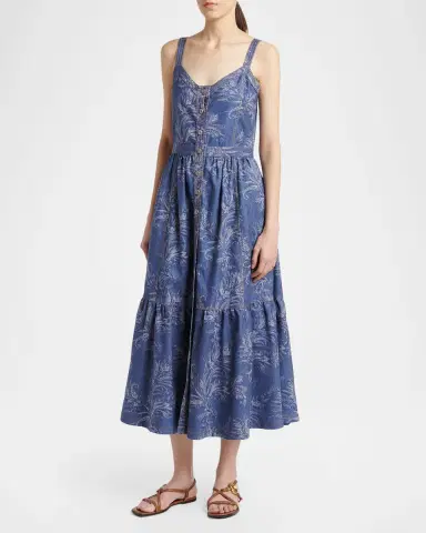 Etro Paisley Denim Jacquard Tiered Button-Front Midi Dress | Thumbnail 3 Etro Paisley Denim Jacquard Tiered Button-Front Midi Dress | Thumbnail 3