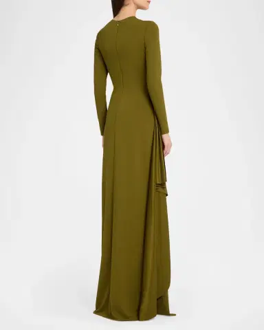 Oscar de la Renta Long-Sleeve Draped Satin Jersey Gown | Thumbnail 2 Oscar de la Renta Long-Sleeve Draped Satin Jersey Gown | Thumbnail 2