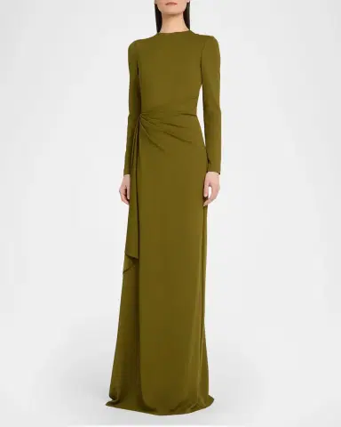 Oscar de la Renta Long-Sleeve Draped Satin Jersey Gown | Thumbnail 3 Oscar de la Renta Long-Sleeve Draped Satin Jersey Gown | Thumbnail 3
