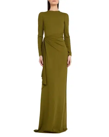 Oscar de la Renta Long-Sleeve Draped Satin Jersey Gown | Thumbnail 1 Oscar de la Renta Long-Sleeve Draped Satin Jersey Gown | Thumbnail 1