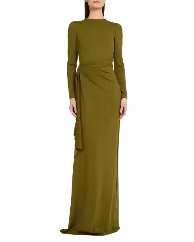 Oscar de la Renta Long-Sleeve Draped Satin Jersey Gown