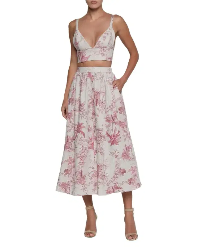 Seina Pleated Etoile-Print Linen Midi Skirt