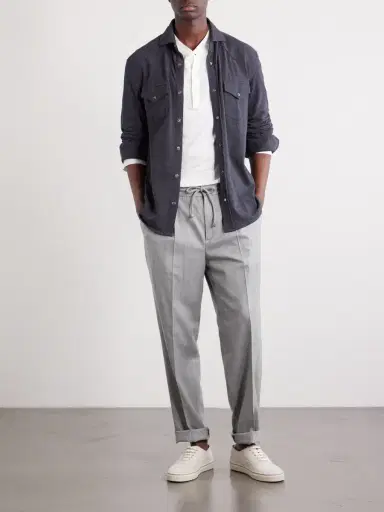 Brunello Cucinelli Tapered Pleated Virgin Wool-Flannel Drawstring Trousers - Men | Thumbnail 2