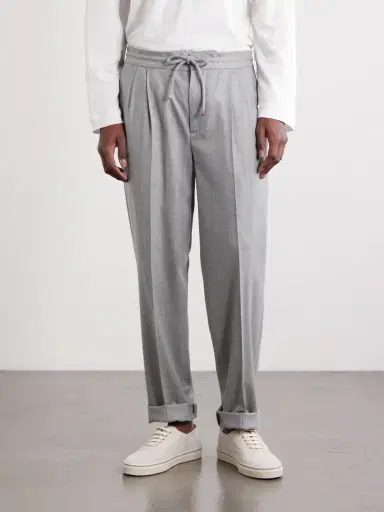 Brunello Cucinelli Tapered Pleated Virgin Wool-Flannel Drawstring Trousers - Men | Thumbnail 3