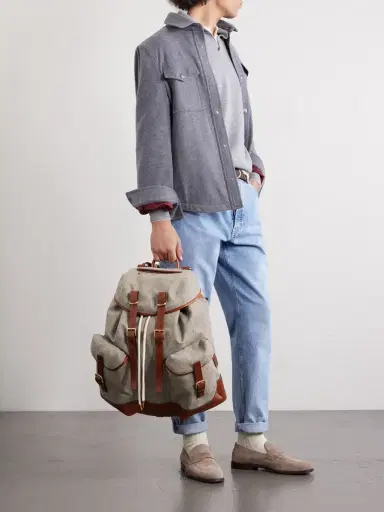 Brunello Cucinelli Leather-Trimmed Flannel Backpack - Men | Thumbnail 2