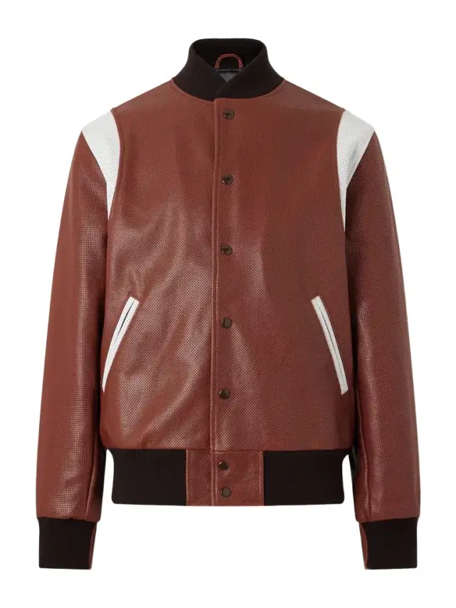 Golden Bear Perforated Fabric Trimmed Leather Jacket - Men
