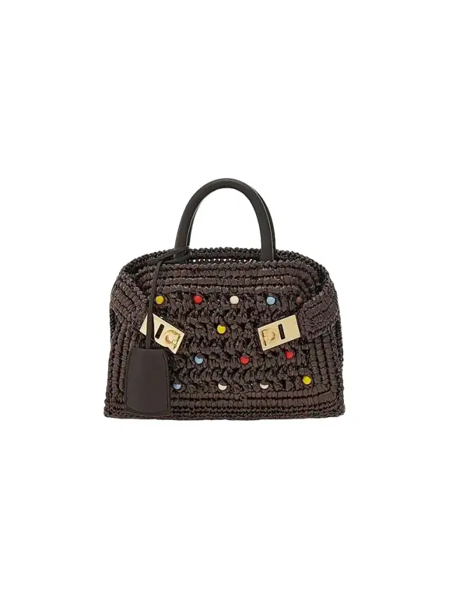 FERRAGAMO Women's Hug Mini Raffia & Leather Top Handle Bag - Moro Multicolor