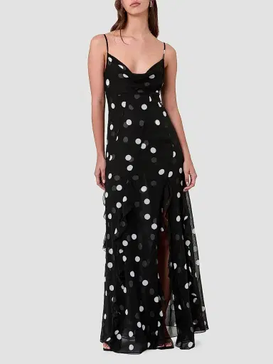 NICHOLAS Women's Kamila Ruffled Polka Dot Georgette Gown - Scattered Dot Black | Thumbnail 2 NICHOLAS Women's Kamila Ruffled Polka Dot Georgette Gown - Scattered Dot Black | Thumbnail 2