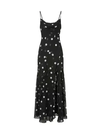 NICHOLAS Women's Kamila Ruffled Polka Dot Georgette Gown - Scattered Dot Black | Thumbnail 1 NICHOLAS Women's Kamila Ruffled Polka Dot Georgette Gown - Scattered Dot Black | Thumbnail 1