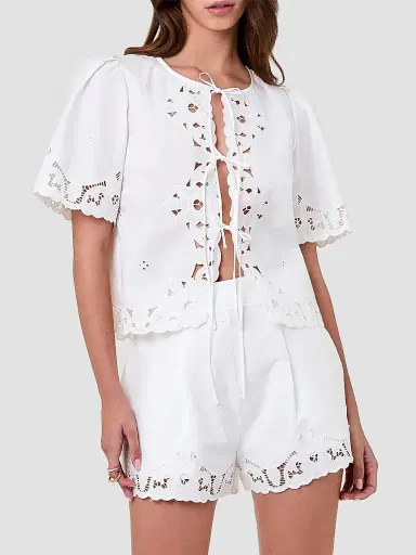 NICHOLAS Women's Isabel Embroidered Tie-Front Cotton Top - | Thumbnail 3