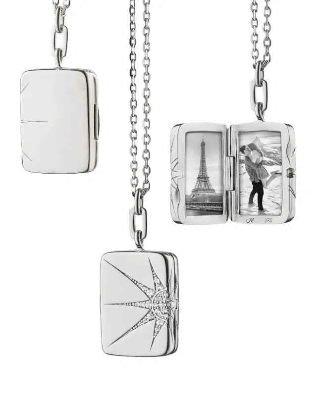 Rectangular Locket with White Sapphires in Elongated Star Design