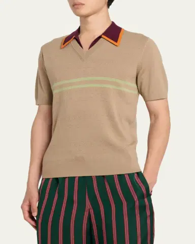 Dries Van Noten Men's Contrast-Trim Knit Polo Sweater | Thumbnail 4 Dries Van Noten Men's Contrast-Trim Knit Polo Sweater | Thumbnail 4