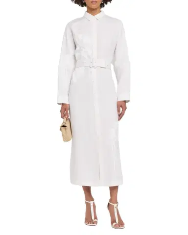 Libertine White On White Hand Silk Screen Belted Linen Shirtdress | Thumbnail 1 Libertine White On White Hand Silk Screen Belted Linen Shirtdress | Thumbnail 1