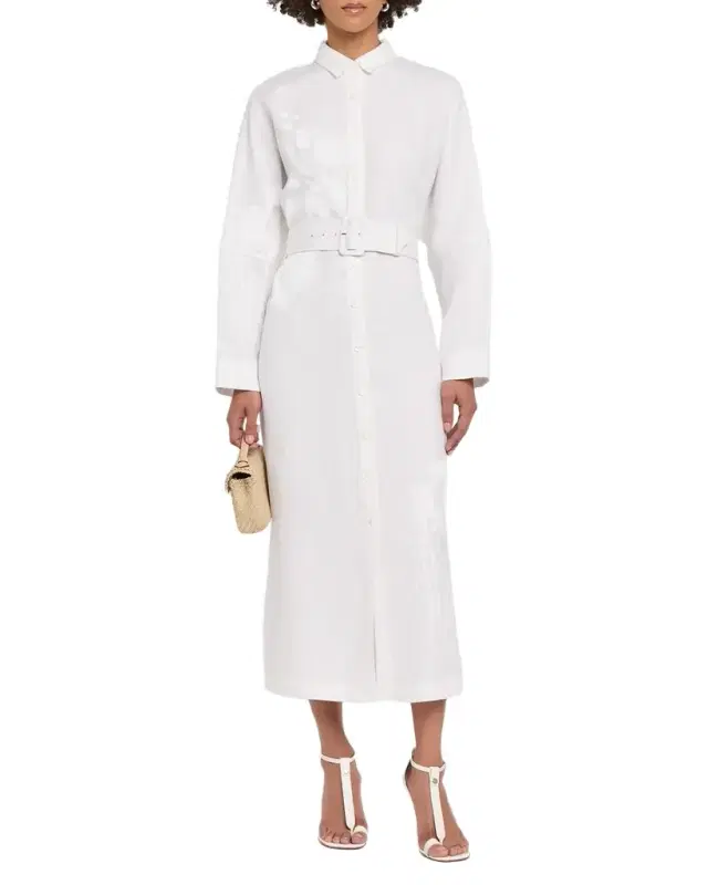 White On White Hand Silk Screen Belted Linen Shirtdress