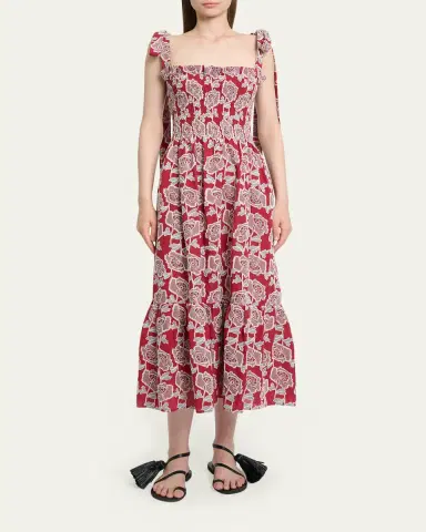 Erdem Floral Embroidered Cotton Smocked Sleeveless Midi Dress | Thumbnail 2 Erdem Floral Embroidered Cotton Smocked Sleeveless Midi Dress | Thumbnail 2