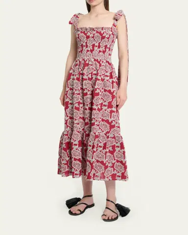 Erdem Floral Embroidered Cotton Smocked Sleeveless Midi Dress | Thumbnail 4 Erdem Floral Embroidered Cotton Smocked Sleeveless Midi Dress | Thumbnail 4