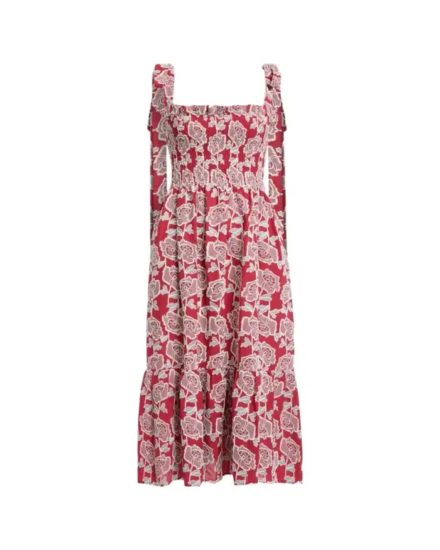 Erdem Floral Embroidered Cotton Smocked Sleeveless Midi Dress