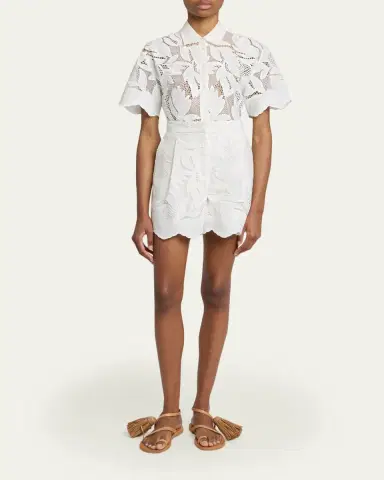 Erdem Floral Cutwork Cotton Pleated Shorts | Thumbnail 2 Erdem Floral Cutwork Cotton Pleated Shorts | Thumbnail 2