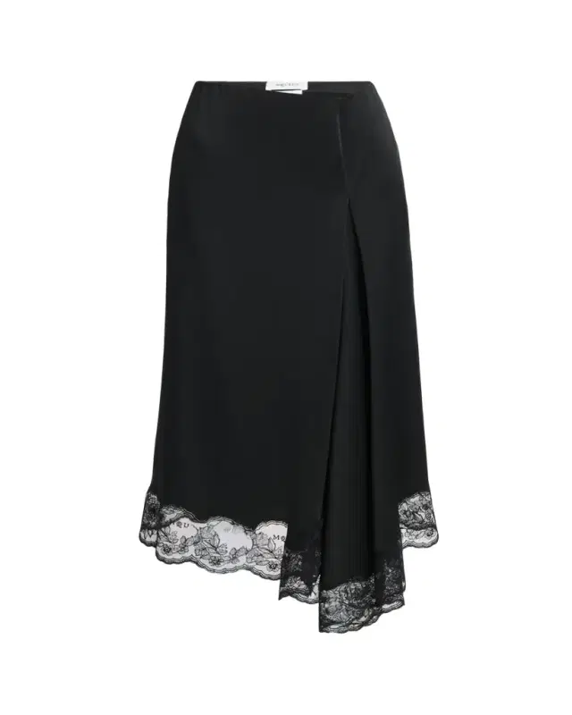 McQueen Asymmetric Lace-Trim Satin Midi Skirt