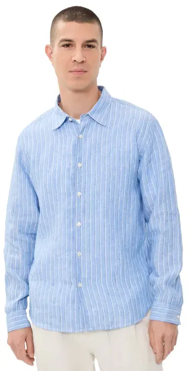 Theory Irving Stripe Top In Relaxed Linen Crisp Blue Multi M | Thumbnail 1 Theory Irving Stripe Top In Relaxed Linen Crisp Blue Multi M | Thumbnail 1