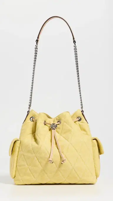 Tory Burch Charlie Quilted Denim Drawstring Shoulder Bag Yellow One Size | Thumbnail 2 Tory Burch Charlie Quilted Denim Drawstring Shoulder Bag Yellow One Size | Thumbnail 2