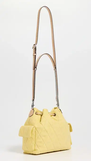 Tory Burch Charlie Quilted Denim Drawstring Shoulder Bag Yellow One Size | Thumbnail 4 Tory Burch Charlie Quilted Denim Drawstring Shoulder Bag Yellow One Size | Thumbnail 4