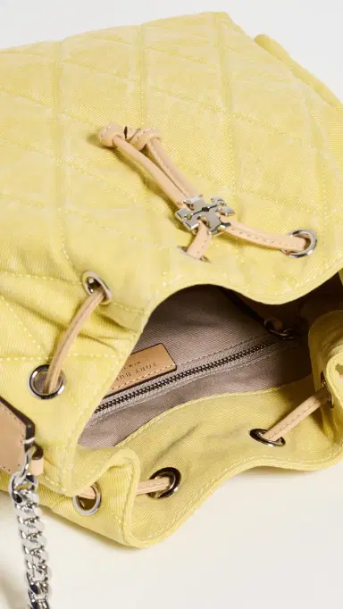 Tory Burch Charlie Quilted Denim Drawstring Shoulder Bag Yellow One Size | Thumbnail 6 Tory Burch Charlie Quilted Denim Drawstring Shoulder Bag Yellow One Size | Thumbnail 6