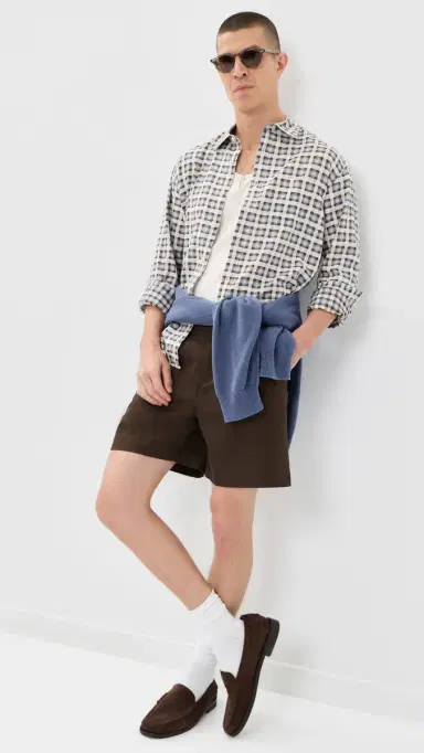 Aaron Levine Cotton Linen Pleated Shorts 7 Brown 32 | Thumbnail 5