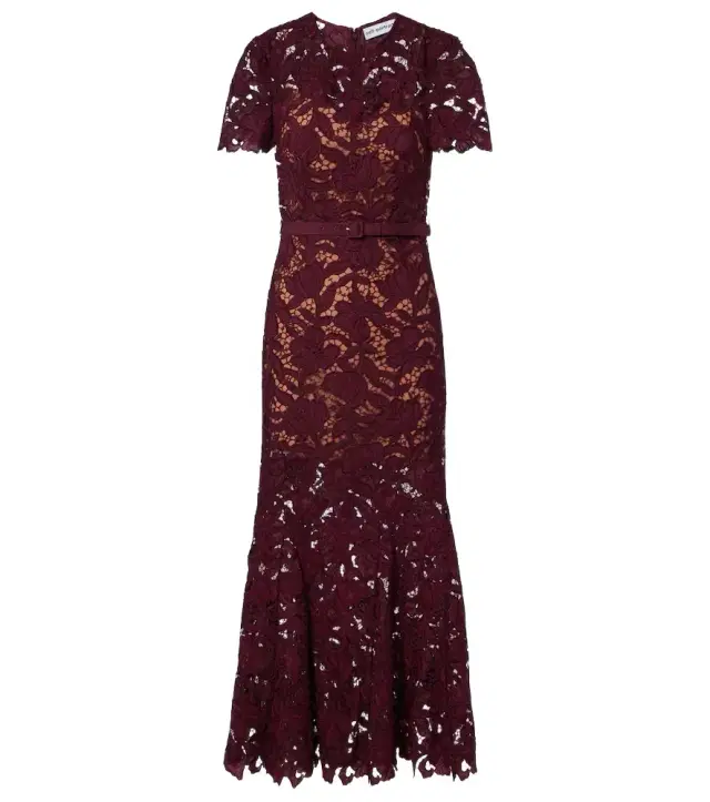 Belted floral guipure lace midi dress