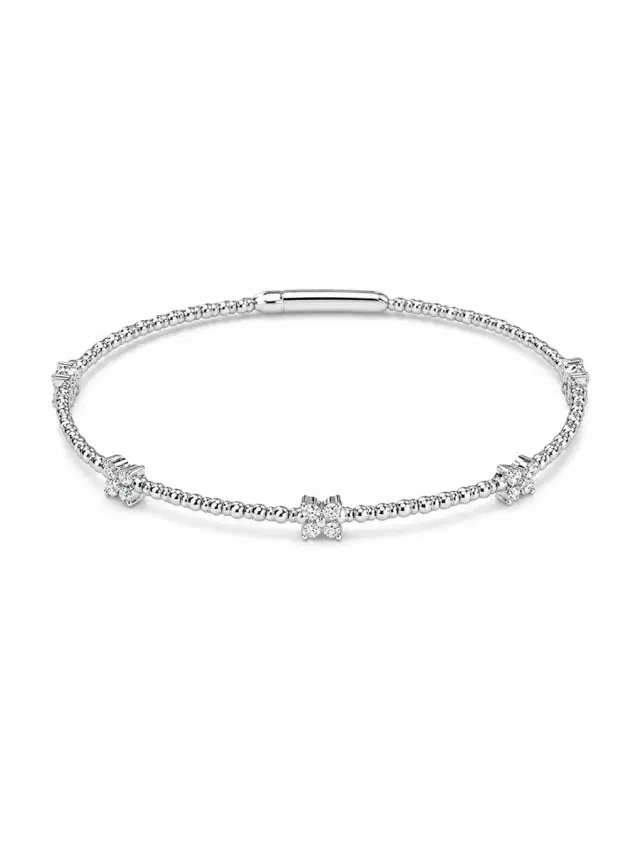 Wish Fine Jewelry 0.56ct Diamond 14K Gold Stationed Flower Flexible Bangle Bracelet