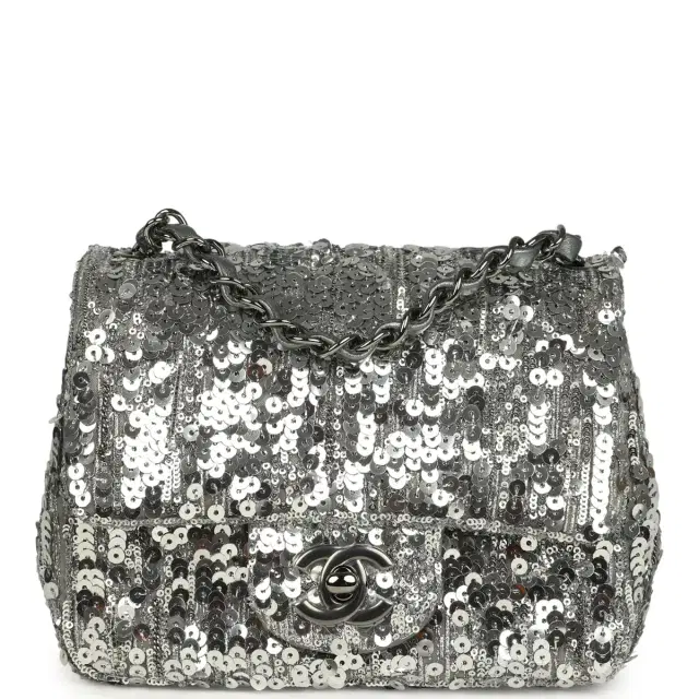 Chanel Chanel Mini Classic Square Flap Bag Metallic Silver Sequins Ruthenium Hardware