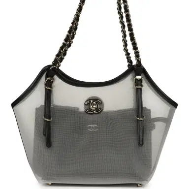 Chanel Chanel Small Coco Beach Shopping Bag Transparent Mesh and Black Calfskin Light Gold Hardware | Thumbnail 1