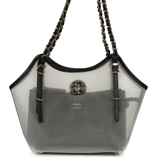 Chanel Small Coco Beach Shopping Bag Transparent Mesh and Black Calfskin Light Gold Hardware