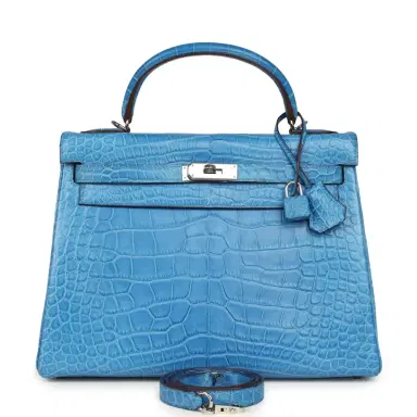 HERMÈS Pre-owned Hermes Kelly Retourne 32 Bleu Mykonos Matte Alligator Palladium Hardware | Thumbnail 1