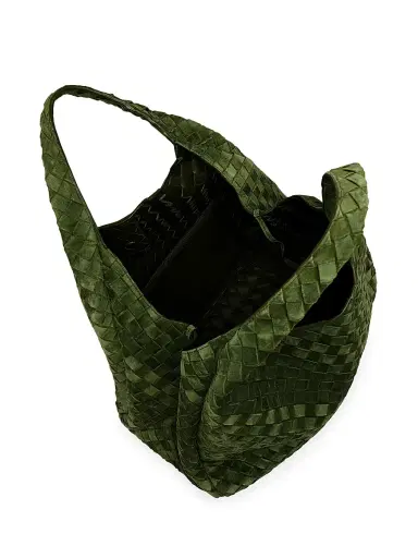 Bottega Veneta Women's Campana Intrecciato Suede Shoulder Bag - Green Tweed Brass | Thumbnail 3 Bottega Veneta Women's Campana Intrecciato Suede Shoulder Bag - Green Tweed Brass | Thumbnail 3