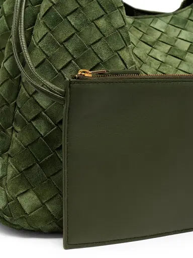 Bottega Veneta Women's Campana Intrecciato Suede Shoulder Bag - Green Tweed Brass | Thumbnail 7 Bottega Veneta Women's Campana Intrecciato Suede Shoulder Bag - Green Tweed Brass | Thumbnail 7