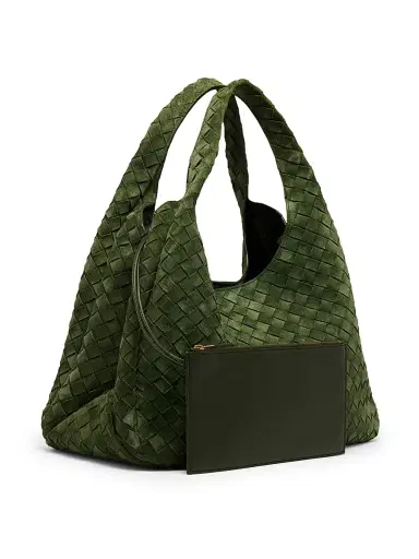 Bottega Veneta Women's Campana Intrecciato Suede Shoulder Bag - Green Tweed Brass | Thumbnail 8 Bottega Veneta Women's Campana Intrecciato Suede Shoulder Bag - Green Tweed Brass | Thumbnail 8