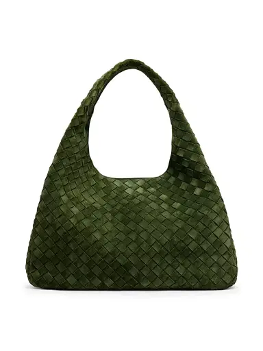 Bottega Veneta Women's Campana Intrecciato Suede Shoulder Bag - Green Tweed Brass | Thumbnail 1 Bottega Veneta Women's Campana Intrecciato Suede Shoulder Bag - Green Tweed Brass | Thumbnail 1