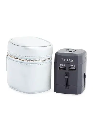 Royce New York Travel Adapter & Leather Case - Silver | Thumbnail 1 Royce New York Travel Adapter & Leather Case - Silver | Thumbnail 1