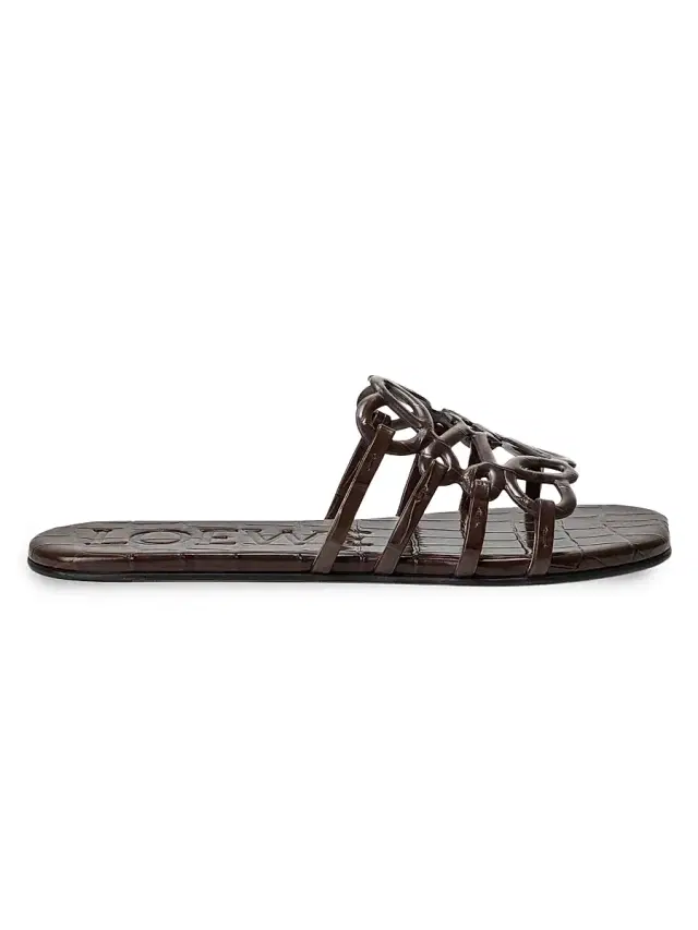LOEWE Women's Petal Anagram Croc-Embossed Leather Slides - Dark Brown  Sandals