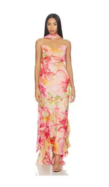 ROCOCO SAND Cowl Maxi Dress With Sash Pink | Thumbnail 1