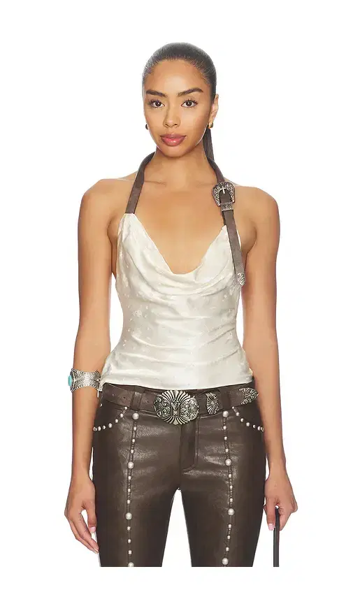 Markgong Metal Buckle Halter Cowl Neck Top