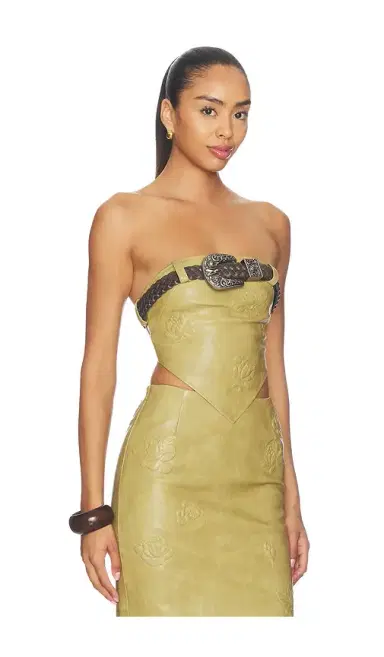 Markgong Dust Faux Leather Floral Imprinted Tube Top With Detachable Belt | Thumbnail 2